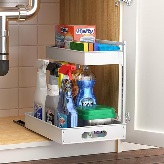 Sorbus Under Sink Organizer with Sliding Tracks – Pull Out Cabinet Organizer with Drawer & Installation Rails – Under Cabinet Bathroom Storage Organizer for Kitchen, Pantry, or Vanity –White 1 Pack-NeatNest