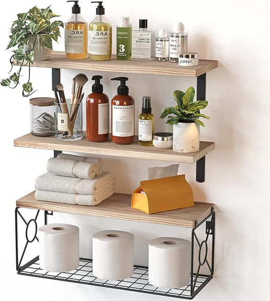 Amada Bathroom Shelves Over Toilet with Storage Basket, Floating Shelves Wall Shelves for Home Organization & Wall Decor, Bathroom/Kitchen/Living Room Shelves–Natural Wood-NeatNest