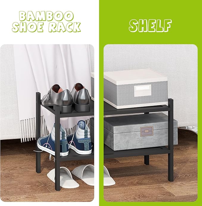 BMOSU 2-Tier Bamboo Small Shoe Rack Premium Stackable Shoe Shelf Storage Organizer for Hallway Closet Living Room Entryway Organizer(Black)-NeatNest