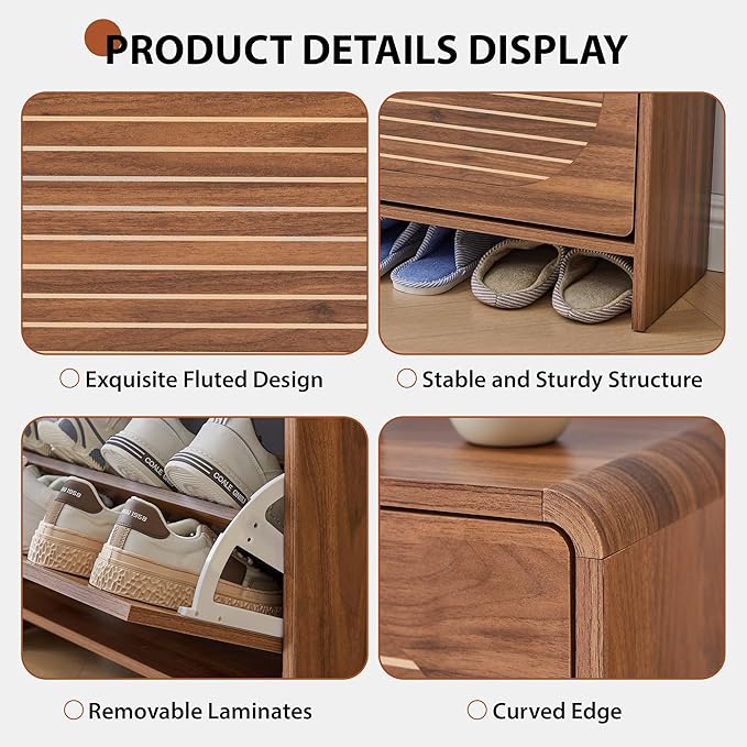 Narrow Shoe Storage Cabinet for Entryway with 2 Flip Drawers, Freestanding Wood Shoe Cabinet with Arched Stripe Panel, Curved Edge Shoe Organizer Closed Shoe Rack for Hallway, Foyer (Walnut)-NeatNest