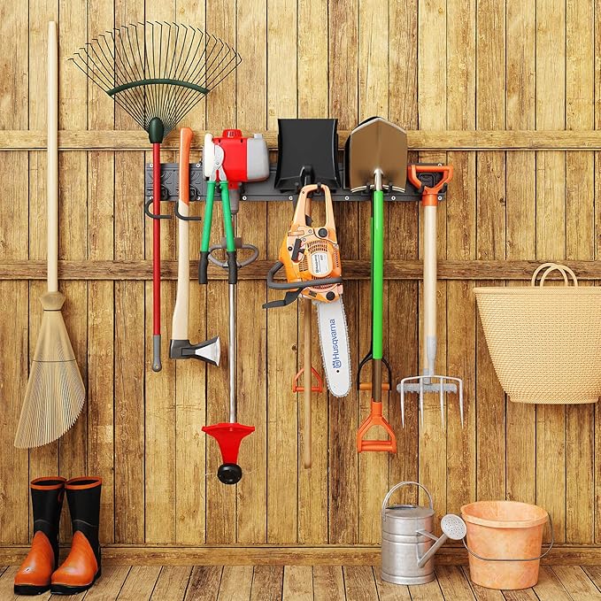 Godboat Garage Storage, 6 Hooks Garden Tool Organizer, 32‘’ Garage Organization Wall Mount, 2Pack Shelving for Yard Tools & Water Hose, Cool Gadgets for Fathers Day, Dad, Men Gifts, Max Load 550lbs-NeatNest