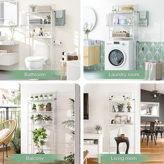 3-Tier Over The Toilet Storage Rack, Freestanding Bathroom Shelves Organizer with Hooks and Toilet Paper Holder, Space Saver Metal Shelf for Small Bathroom, White
