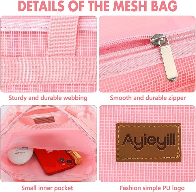 Shower Caddy Portable, Mesh Shower Caddy Tote Bag Quick Dry Hanging Toiletry and Bath Organizer for College Dorm, Gym, Beach, Travel or Camping with Zipper (A-Pink)-NeatNest
