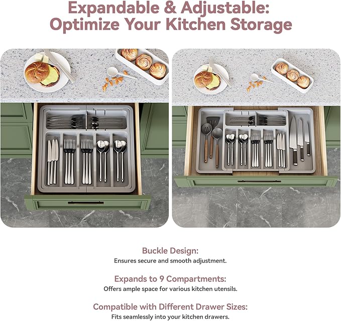 2 Pack Silverware Organizer, Expandable and Adjustable Kitchen Utensil Drawer Organizer, Plastic Cutlery Holder with Multiple Compartments,Cutlery Holder,for Spoons Forks Knives,Grey,UAFD012G-NeatNest