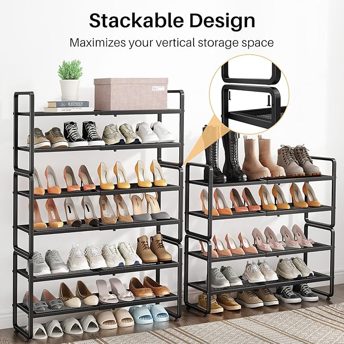 Shoe Rack - Expandable Shoe Organizer for Closet, Adjustable Metal Shoe Shelf Storage, 4 Tier Stackable Long Shoe Stand Holder for Garage, Entryway, Door Entrance, Black-NeatNest