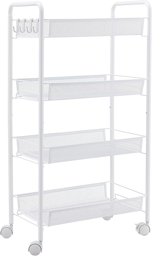 JANE EYRE Rolling Utility Storage Rack Cart on Wheels, Trolley Carft cart, Multi-Purpose Organizer Shelf (White, 4 Tier)…-NeatNest