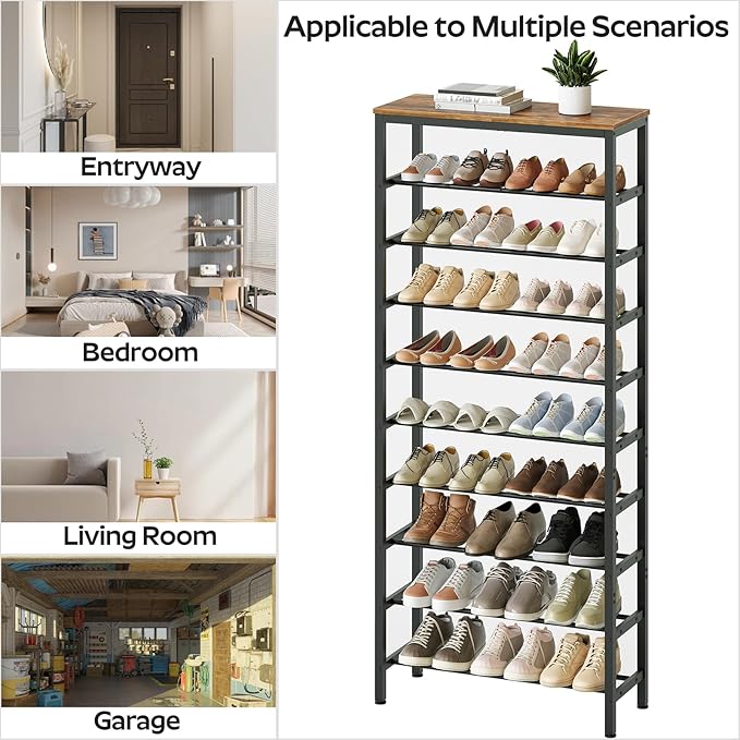 10 Tier Tall Shoe Rack, Large-Capacity Shoe Storage Organizer, Free Standing Shoe Shelf for Closet, Adjustable Metal Shoe Racks Organizer for 40 Pairs of Shoes, Rustic Brown and Black SS70BR-NeatNest