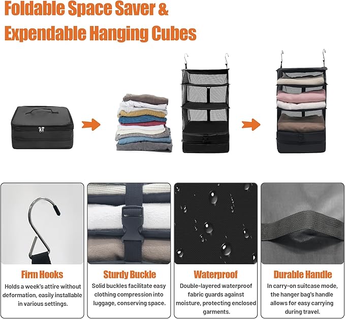 Caroeas Portable Hanging Travel Shelves Bag Suitcase Organizer Carry-on Closet Packing Cubes for Travel, 3-Shelf Suitcase Closet with 2 Hooks, Large Capacity, Black-NeatNest