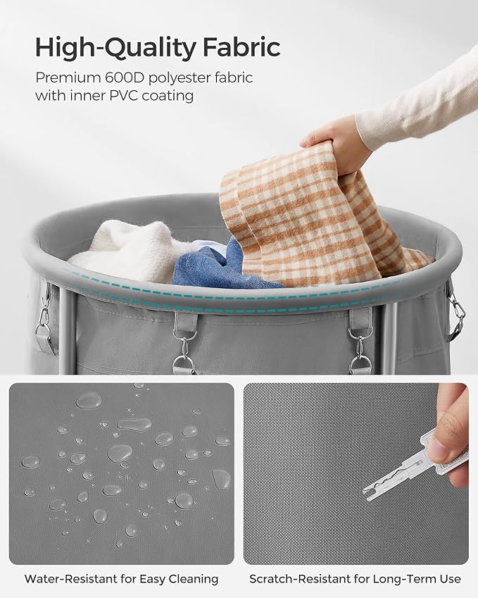 SONGMICS Laundry Basket with Wheels, Rolling Round Laundry Hamper Cart, 45 Gal. with Steel Frame and Removable Bag, 4 Casters and 2 Brakes, Gray and Metallic Silver URLS001G01