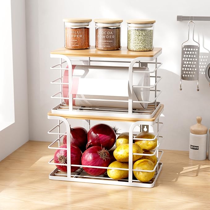 2 Pack Extra Large Stackable Pantry Organizer,Wall Mount Garbage Bag Holder Dispenser with Bamboo Top for Kitchen Laundry Room Organization,White-NeatNest