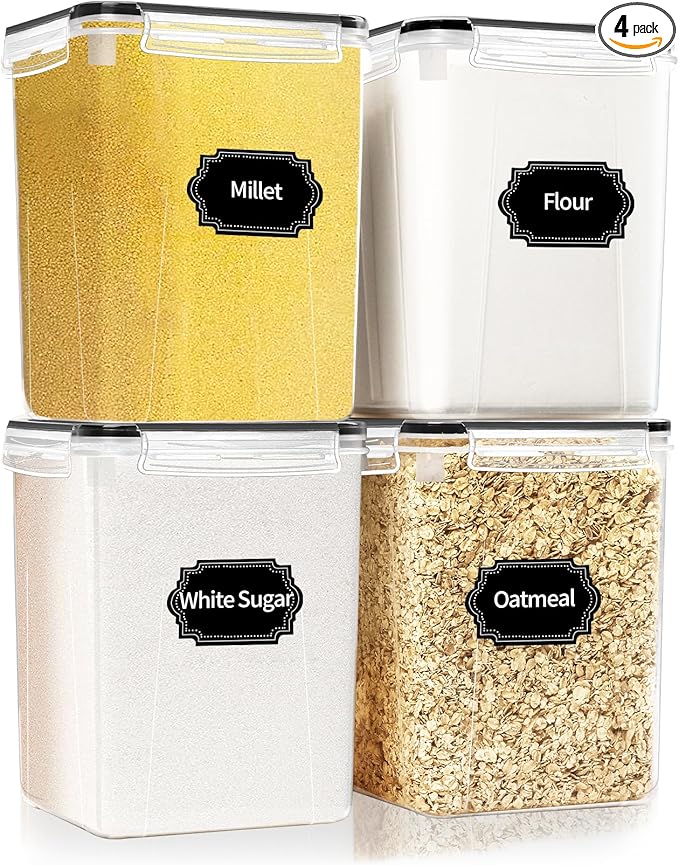 4 Pack Large Airtight Food Storage Containers with Lids (5.2L / 176oz), BPA Free Plastic Kitchen and Pantry Organization Contianers for Cereal Flour and Sugar Storage, Labels & Marker-NeatNest