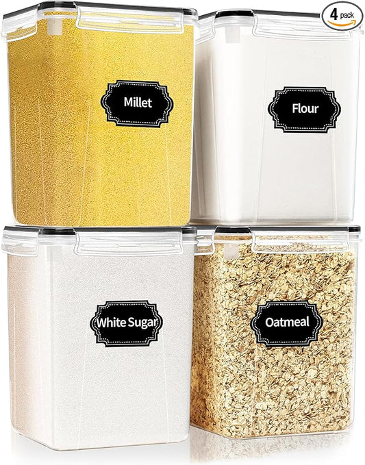 4 Pack Large Airtight Food Storage Containers with Lids (5.2L / 176oz), BPA Free Plastic Kitchen and Pantry Organization Contianers for Cereal Flour and Sugar Storage, Labels & Marker-NeatNest