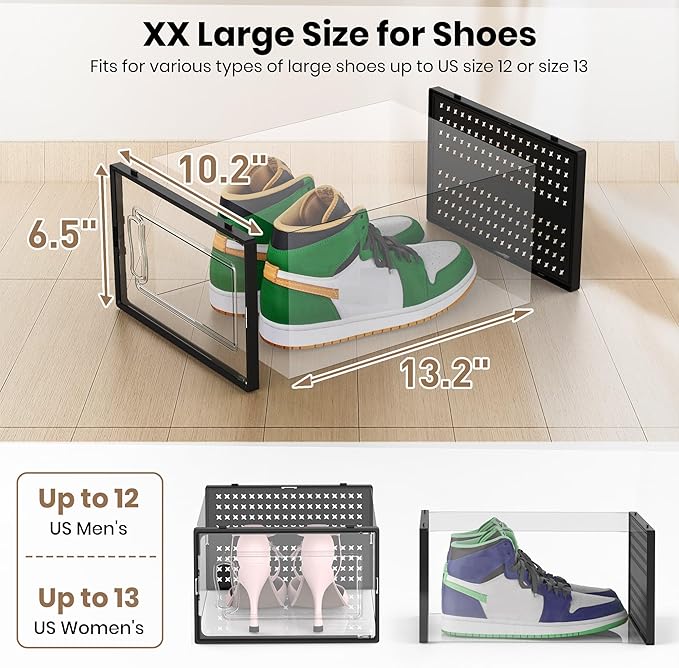 12 Pack XXX-Large Modular Clear Plastic Stackable Shoe Storage Organizer for Closet, Space Saving Versatile Sneaker Shoe Rack Containers Bins Holders, Portable Closet Organizers and Storage, Black-NeatNest