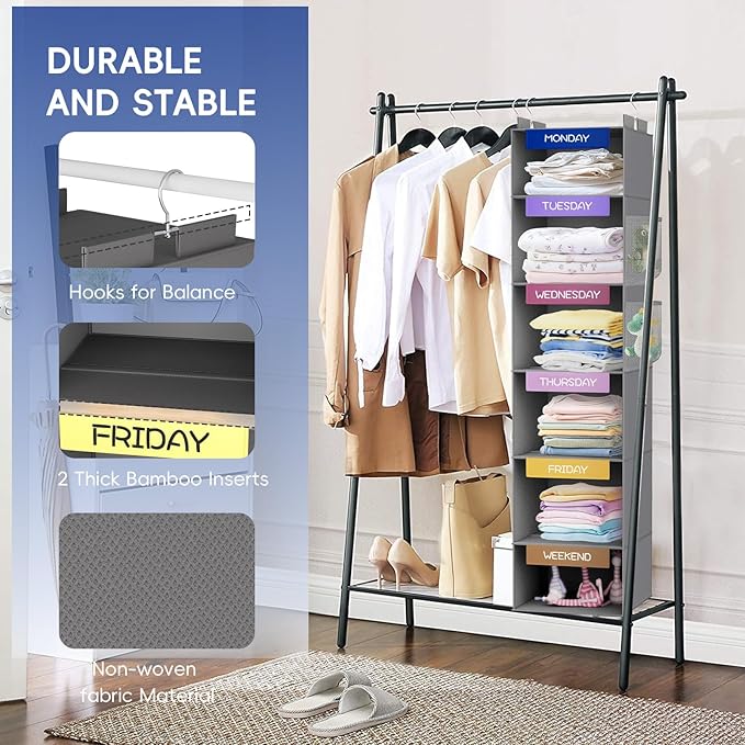 VERONLY Weekly Hanging Closet Organizer for Kids, 6-Shelf Clothes Storage with Labeled Days of The Week Monday Through Friday, Weekday and Weekend, Days of The Week Clothes Organizer-NeatNest