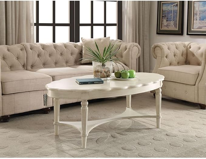 KEVINSPACE 50" Oval Coffee Table for Living Room, 2-Tier Solid Wood Victorian Antique Ellipse Center Table with Storage Shelf, Traditional Elegant Vintage Style White