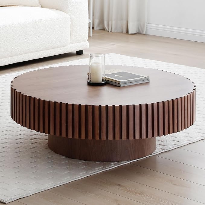 kevinplus 31.49'' Round Coffee Table Modern Wood Coffee Table for Living Room, Contemporary Circle Fluted Drum Style, Easy Assembly, Walnut (ø31.49'' x 13.77'')