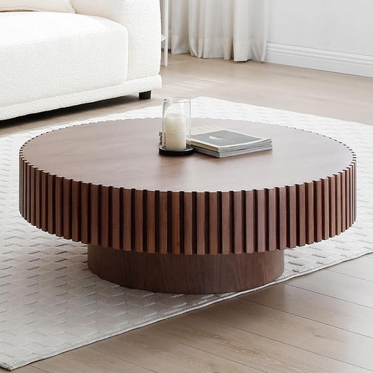 kevinplus 31.49'' Round Coffee Table Modern Wood Coffee Table for Living Room, Contemporary Circle Fluted Drum Style, Easy Assembly, Walnut (ø31.49'' x 13.77'')