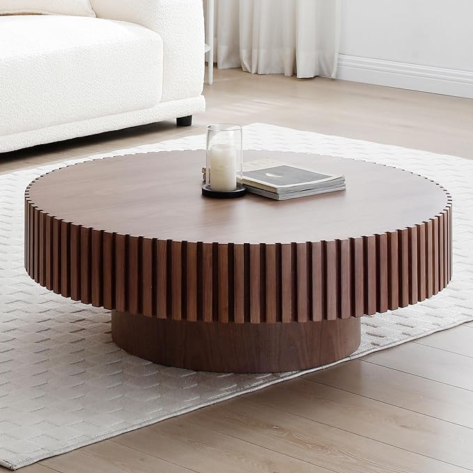 31" Round Coffee Table for Living Room, Mid Century Modern Coffee Table with Sturdy Pedestal, Circle Center Table Accent Tea Table for Apartment Walnut