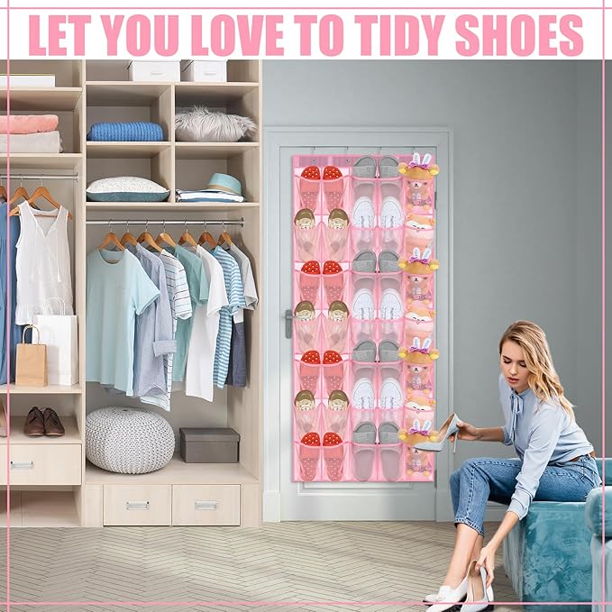 Windyun 2 Pcs 70 Large over The Door Shoe Organizer Hanging Shoe Rack for Closet Holder Pink Mesh Pockets Back to School Behind Door Hanger Storage Nonslip for Home Room School Dorm, Each 35 Pockets-NeatNest