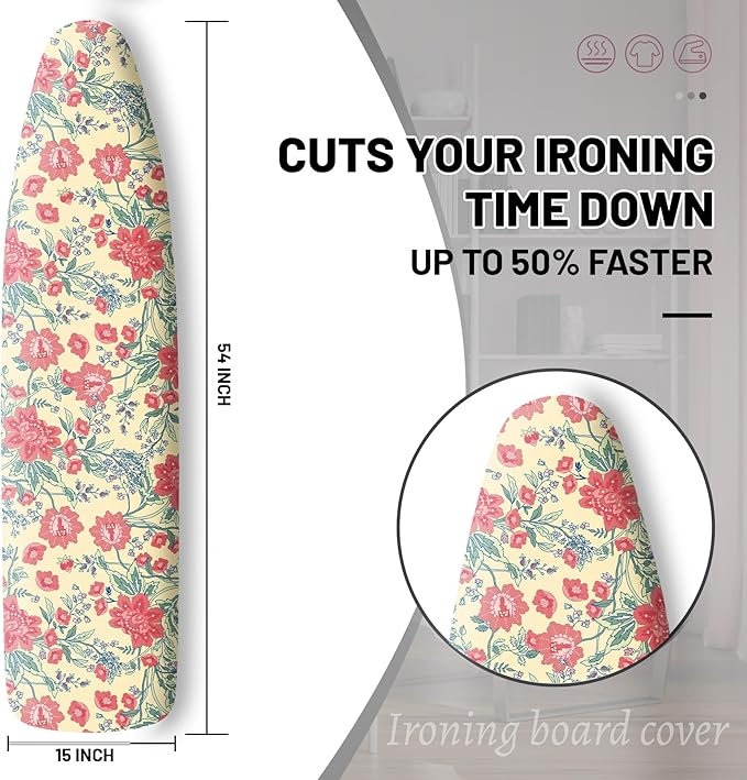 Extra Thick Ironing Board Cover and Pad, Floral Farmhouse 15x54 Ironing Board Cover, Resist Scorching and Staining,Elastic Edges,Vintage Beige