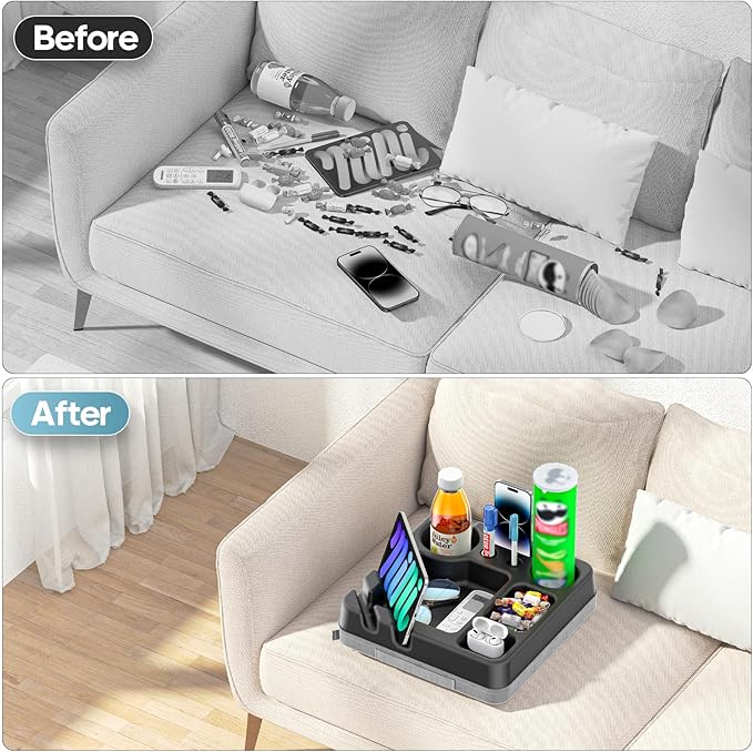 Couch Cup Holder Tray Couch Cup Holder Pillow Bed Tray Snack Sofa Bed Caddy Organizer Beach Sofa Drink Holder Anti-Spill Portable Snack Caddy Couch Remote Holder for Phone Pad Kindle Beverage Black-NeatNest