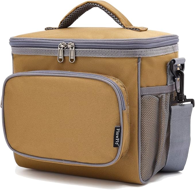 FlowFly Insulated Reusable Lunch Bag Adult Large Lunch Box for Women and Men with Adjustable Shoulder Strap,Front Zipper Pocket and Dual Large Mesh Side Pockets,Brown-NeatNest