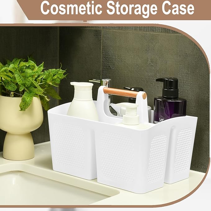 Haundry Plastic White Shower Caddy Basket with 3 Compartments, Portable Divided Bathroom Cleaning Caddy Organizer Storage Tote with Handle for Dorm, College, Room Essentials