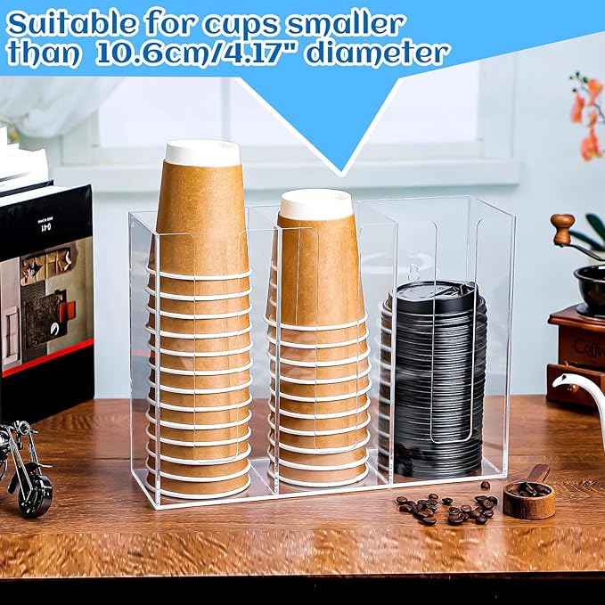 3 Compartments Acrylic Coffee Cup Dispenser Organizer Paper Cup Lid Sleeve Holder Organizer Coffee Shop Supplies Holder Storage for Counter Wall(Clear)-NeatNest