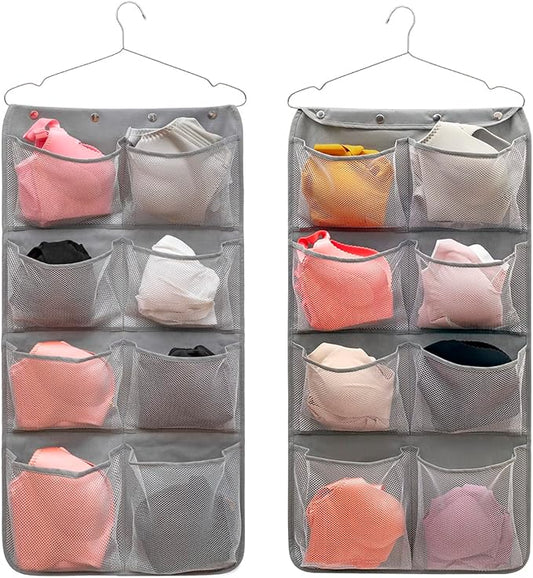 Dual Sided Hanging Closet Organizer Durable Socks Stocking Clothes Bra Accessories Storage Bag With 16 Large Pockets (Nylon Mesh Pockets)-NeatNest