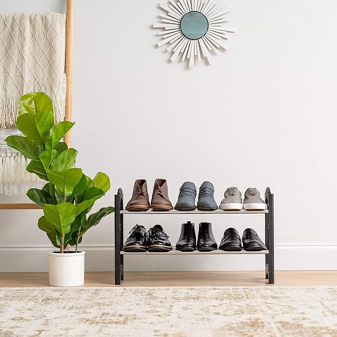 IRIS USA 2-Tier Shoe Rack, Up to 10 Pairs, 24" - 45" L Extendable Shoe Shelf, for Entryway Mudroom, Extendable Shoe Organizer for Closet, Stackable Shoe Storage, Metal Shoe Shelf for Small Space