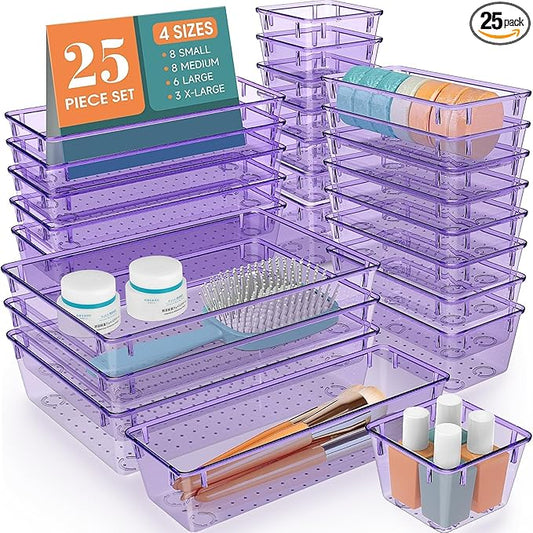 25 PCS Drawer Organizer Set, 4 Varied Size Bathroom and kitchen Drawer cabinet organizer Trays, Clear Storage Bins for Makeup, Jewelry, Utensils and Gadgets， Purple-NeatNest