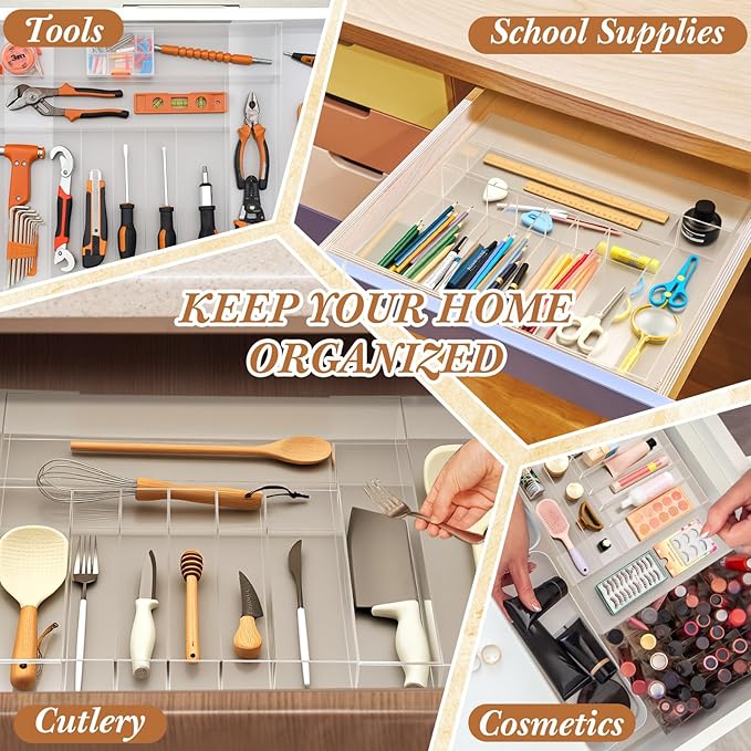 Expandable Kitchen Drawer Organizer Clear Acrylic Utensil Organizer Adjustable Acrylic Silverware Storage for Kitchen Drawers Silverware Flatware Knives (9-11 Compartments,18.5 x 17.4 Inches)