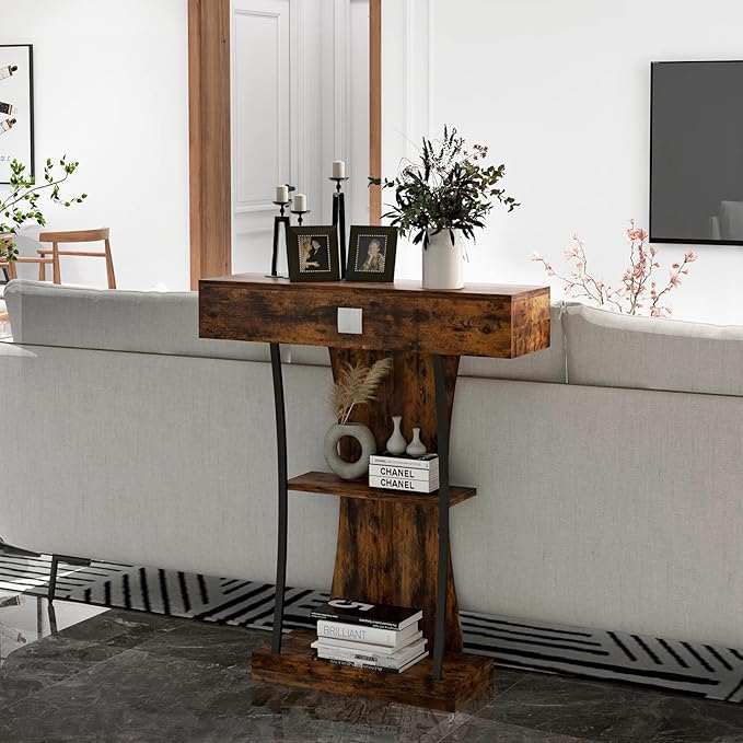 Giantex Narrow Console Table T-Shaped - Behind Couch Table with Drawer, Shelves, Dual Anti-Tipping Kits, Modern Foyer Table, Sofa Side Table for Living Room, Entryway, Hallway, Entry Table (Brown)-NeatNest