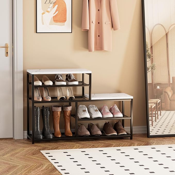 Shoe Rack Bench for Entryway,Free Standing Shoe Storage Organizer for Front Door Entrance,Boot Rack Holder Shelf for Closet with Seat,Sturdy Shoe Shelves for High Heels, Hallways,White Marble-NeatNest