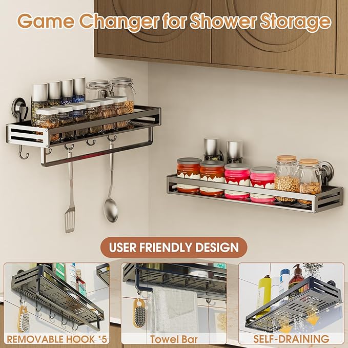 Shower Caddy Suction Cup, 11.8 inch 2 Pack Suction Shower Shelf with Hooks NO-Drilling Bathroom Holder, Rustproof Bathroom Organizer, Dark Grey