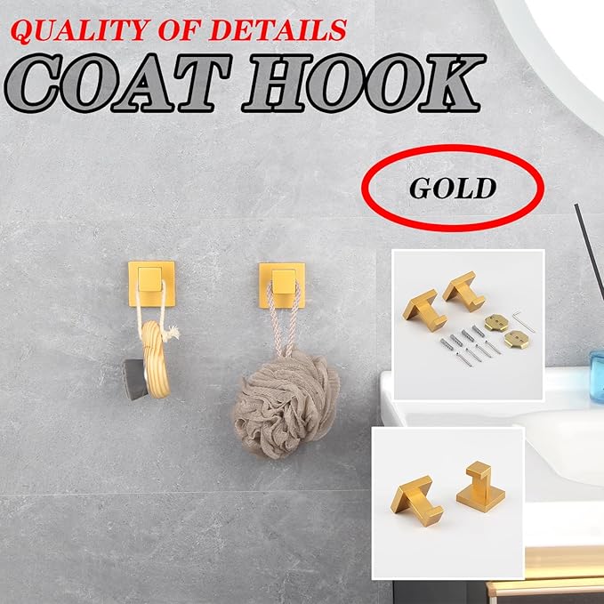 GERZWY Towel Hook Wall Mounted Robe Hook Heavy Duty Coat Hook Luxury Hooks for Bathroom 2 Pack Gold Stainless Steel FG1607-2BE