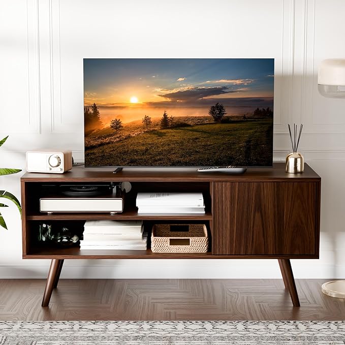 Cozy Castle TV Stand for 48 Inch TV, Mid Century Modern Entertainment Center with Storage Cabinet, TV Media Console for Living Room, Bedroom, Dark Brown-NeatNest