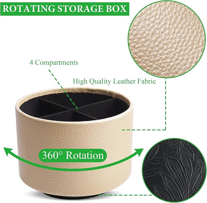 Hennaja Round Leather Art Supply Organizer,Remote Control Holder,360 Degree Spinning,Multi-Functional Pencil Holder,4 Compartments Desktop Stationary Organizer(1-Lichee Gold)-NeatNest