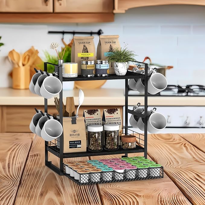 Coffee Bar Organizer, 3 Tier Station for Countertop, Mug Cup Holder Stand With 28 K Cup Storage and 12 Hooks for Kitchen, Home & Office, Black-NeatNest