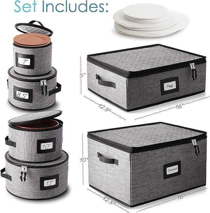 Hearth & Harbor Fine China Storage Containers, 6 Piece Dish Storage Containers, Stackable Plate Storage, Coffee Mug Storage and Wine Glass Storage Box with Dividers, Quilted Dish Organizers, Grey-NeatNest