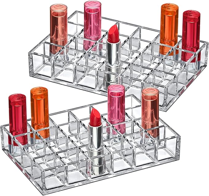 Amazing Abby - Allure - 2-Pack 24-Slot Acrylic Lipstick Organizer, Lipstick Holder, Lip Gloss Holder, Cosmetic Storage Display, Perfect Storage Solution for Drawer and Vanity (Slot Size: 1.0" x 1.0")-NeatNest