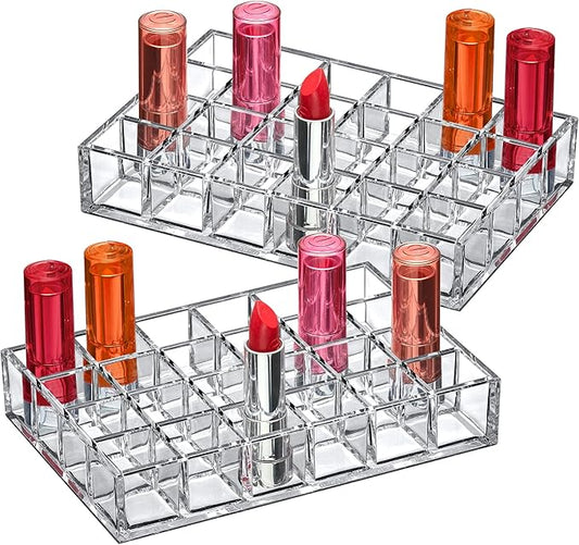 Amazing Abby - Allure - 2-Pack 24-Slot Acrylic Lipstick Organizer, Lipstick Holder, Lip Gloss Holder, Cosmetic Storage Display, Perfect Storage Solution for Drawer and Vanity (Slot Size: 1.0" x 1.0")-NeatNest