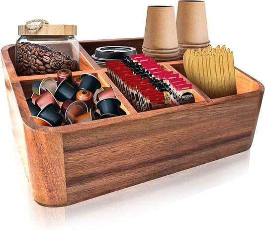 Dstuff Acacia Wood Coffee Station Organizer for Countertop, Tea Organizer and Holder, Coffee Bar Caddy with Multiple Compartments for Home and Office Decor-NeatNest