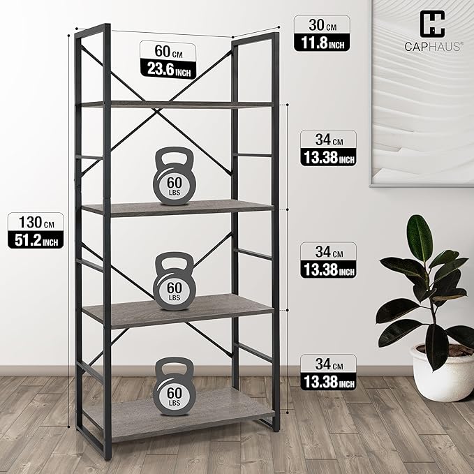 CAPHAUS 4 Tier Bookshelf, 24 Inch Width Free Standing Shelf, Bookcase Shelf Storage Organizer, Industrial Book Shelves for Home Office, Living Room, Kitchen, Dark Grey Vintage Shelves & Metal Frame-NeatNest