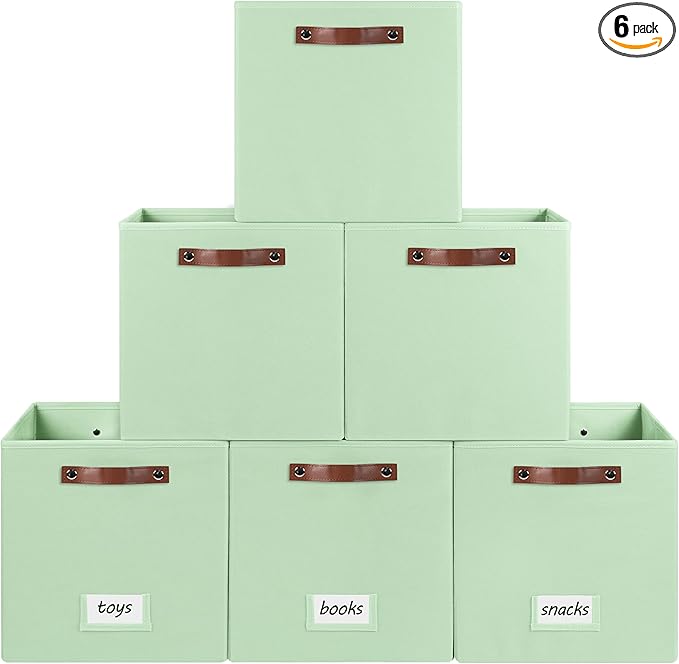 6-Pack Collapsible Fabric Storage Cubes with Handles & Label Holders, Closet Cube Home Organizer Bins (Sage Green, 13 x 13 x 13 inch)