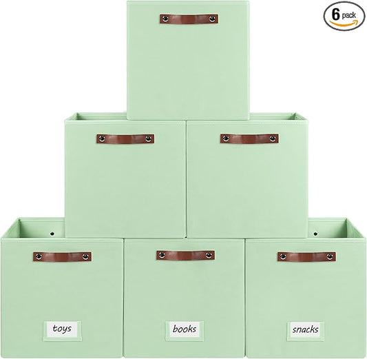 6-Pack Collapsible Fabric Storage Cubes with Handles & Label Holders, Closet Cube Home Organizer Bins (Sage Green, 13 x 13 x 13 inch)