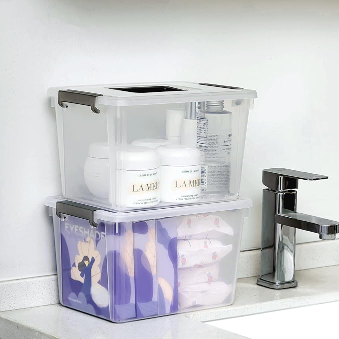 Citylife 4 Packs Plastic Storage Bins with Latching Lids Clear Storage Box with handle Stackable Storage Containers for Organizing Toys, Crafts, Tools-NeatNest