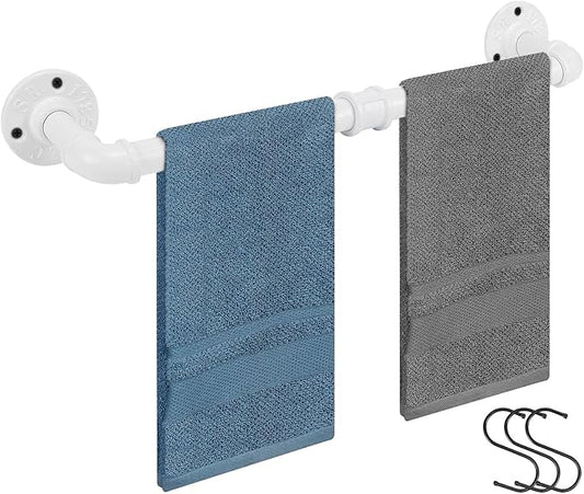 Industrial Pipe Towel Rack Towel Bar, Heavy Duty Wall Mounted Rustic Farmhouse Bath Towel Holder for Bathroom (White, 18 inch)