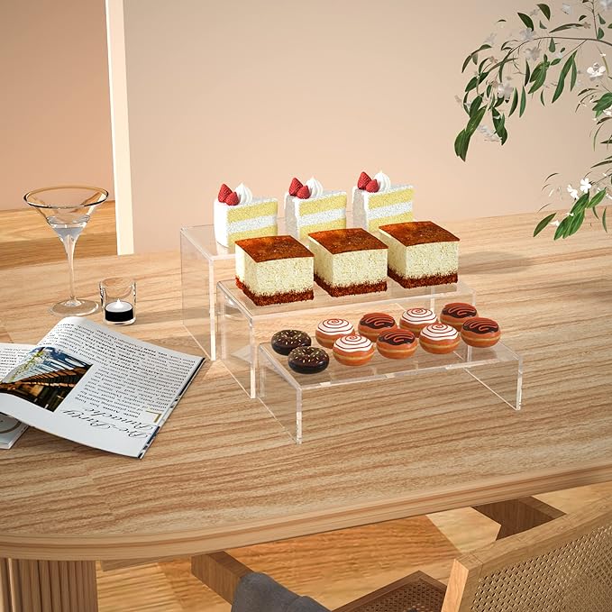 Clear Riser Shelf 3pcs, Desktop Rectangular Acrylic Display Shelves Organizer, Acrylic Stands for Funko Pop Figure, Perfumes, Bags, Shoes, Glasses, Plants, Toys, Collectibles - 8''x8.5''x9''-NeatNest