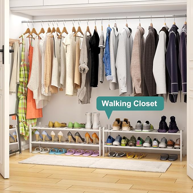Long Shoe Rack for Entryway,Shoe Organizer for Hallway Closet, Bamboo Wood Shoe Racks for Indoor Outdoor (White, 2-Tier Long)-NeatNest